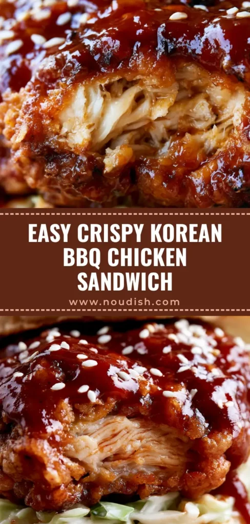 A close-up vertical shot of a Korean BBQ Chicken Sandwich with a glossy red glaze, creamy slaw, and scattered sesame seeds on a brioche bun.