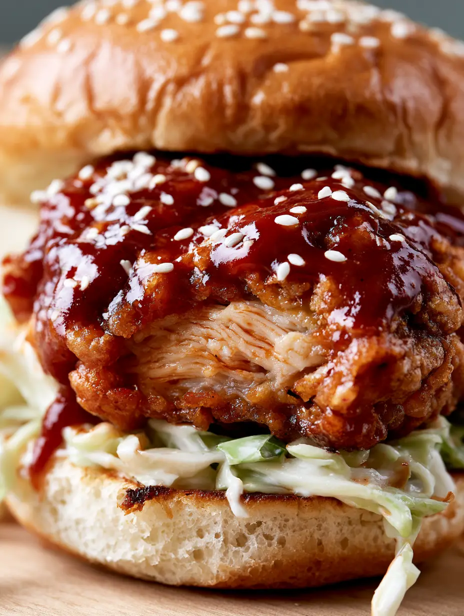 Extreme macro photography of a Korean BBQ Chicken Sandwich showing the oily sheen of the spicy glaze and crispy texture.