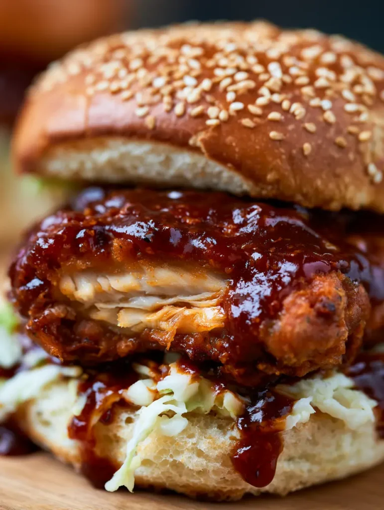 A cross-section of a Korean BBQ Chicken Sandwich revealing juicy meat and layered slaw on a toasted brioche bun.