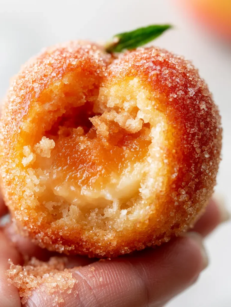Extreme macro close-up of an Italian Peach Cookie being broken open to reveal a luscious creamy filling and moist cake crumbs.