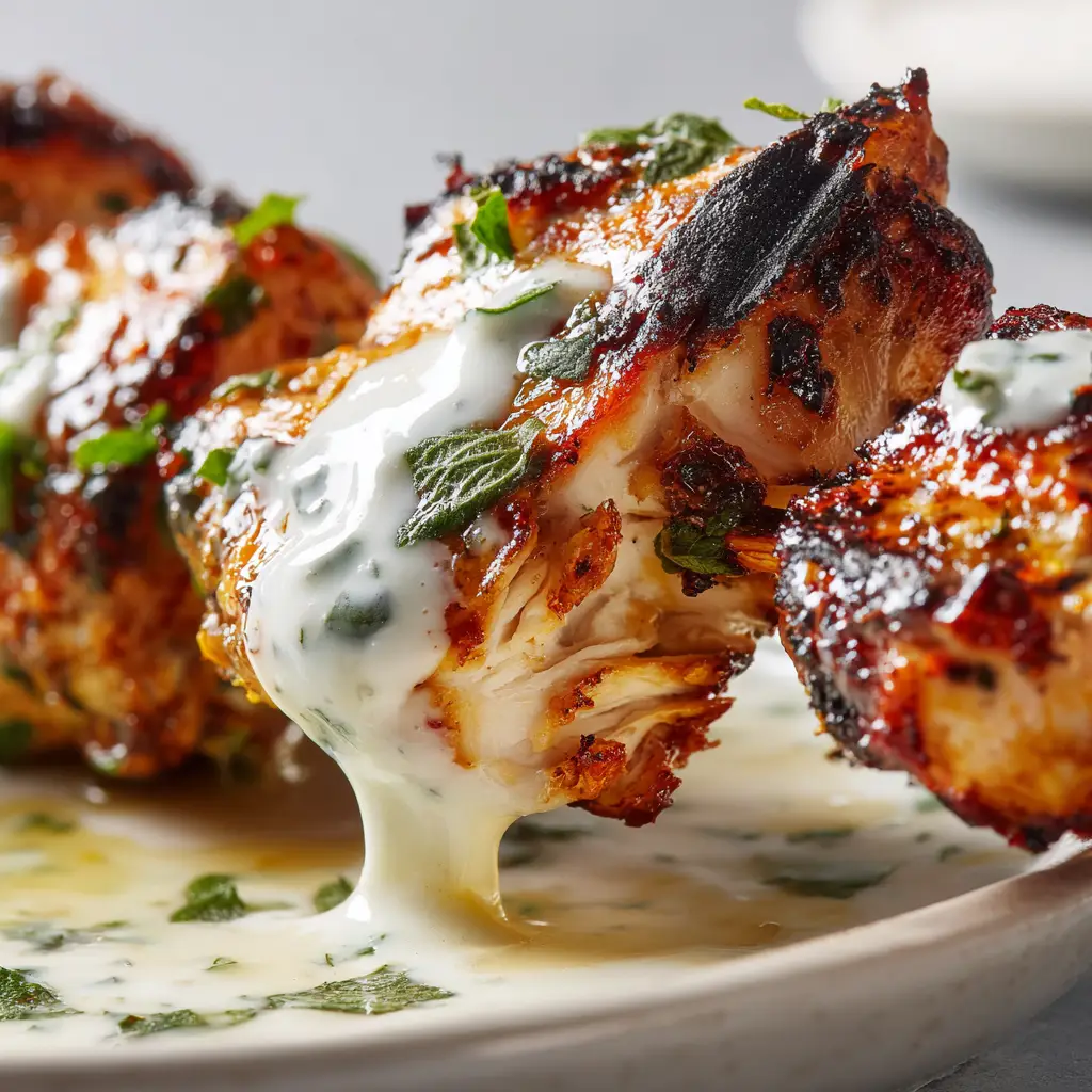 Greek Chicken Marinade: The Secret to Juicy, Charred Mediterranean Skewers 1 Close-up of thick, porous yogurt dip and irregular drips on a perfectly seared Greek chicken skewer. (Greek Chicken Marinade)