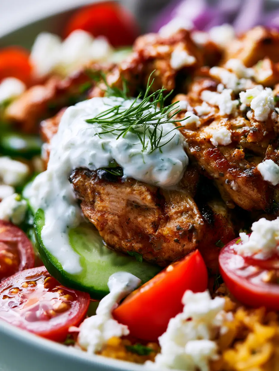Macro close-up of Chicken Gyro Bowls showing the glossy charred chicken and creamy tzatziki sauce texture.