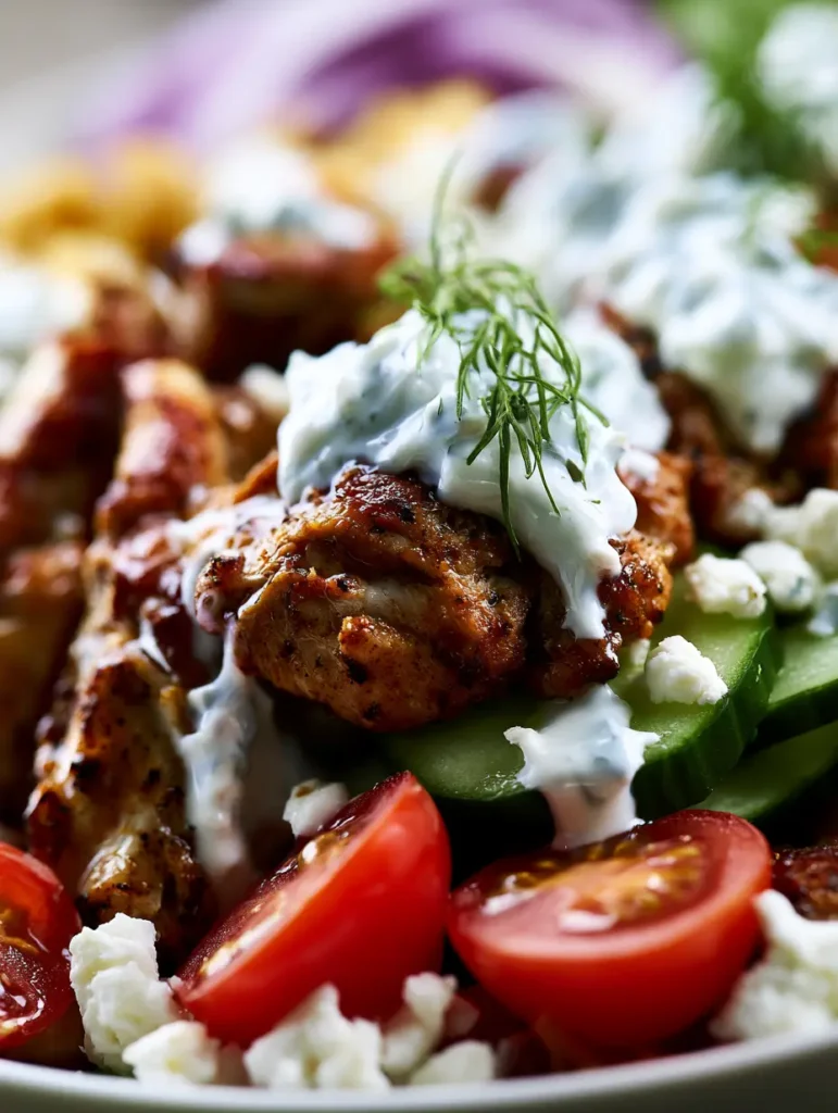 Overlapping ingredients in a Chicken Gyro Bowl including feta crumbles, crisp cucumbers, and blistered red cherry tomatoes.