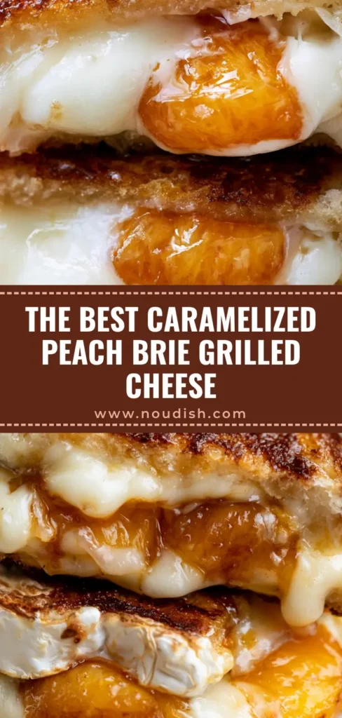 Extreme macro close up of a Peach and Brie Grilled Cheese with bubbling melted cheese and a glossy honey drizzle.