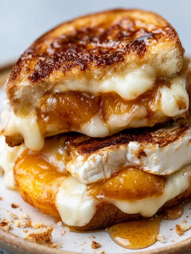 Macro view of caramelized peach slices and melting brie cheese between buttered sourdough bread. (Peach and Brie Grilled Cheese)