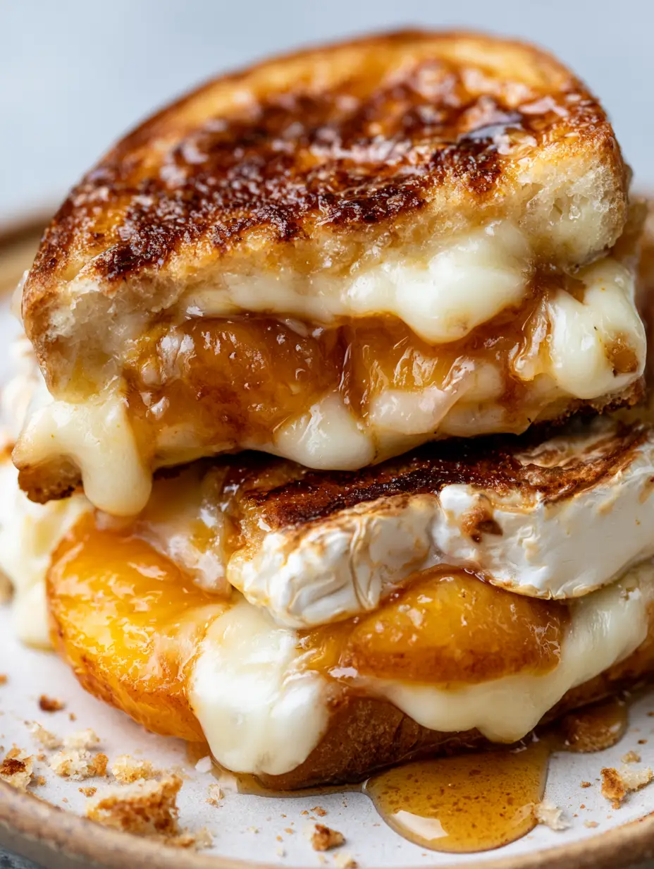 Macro view of caramelized peach slices and melting brie cheese between buttered sourdough bread. (Peach and Brie Grilled Cheese)