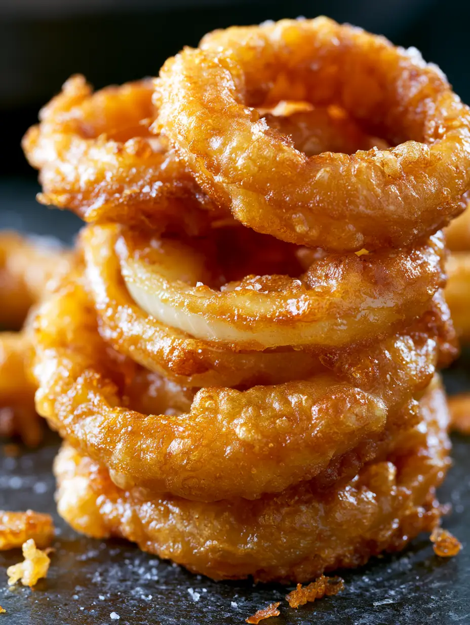 Extreme macro close-up of Crispy Homemade Onion Rings showing the bubbling texture of the fried batter and translucent onion center.