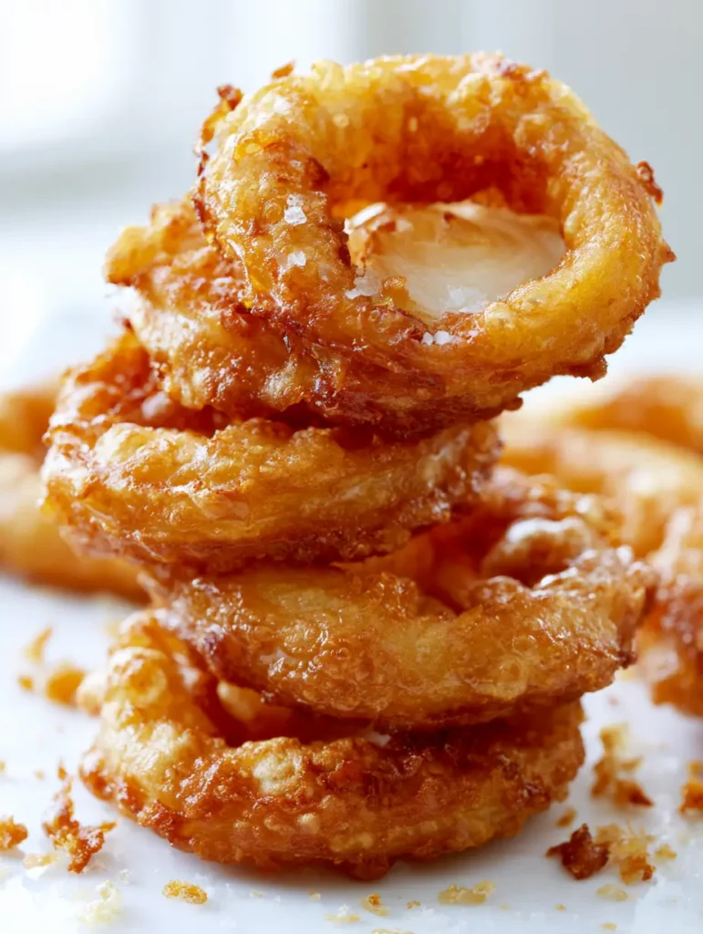 A stack of asymmetrical golden brown Crispy Homemade Onion Rings with scattered crumbs and a slight oily sheen.
