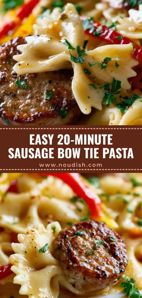 A vertical overhead shot of Italian Sausage Bow Tie Pasta with blistered red peppers and fresh parsley on a white plate.