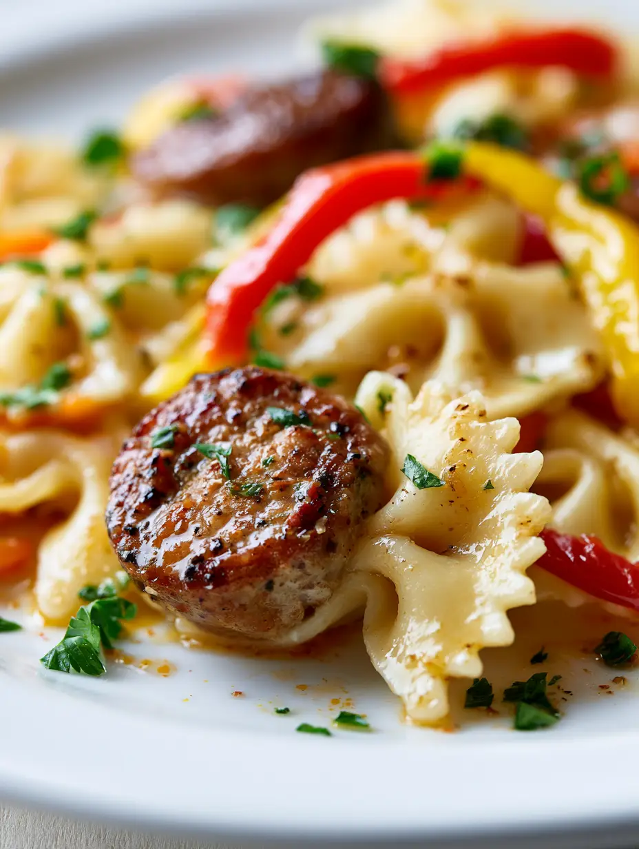 Extreme macro close-up of seared Italian sausage and bow tie pasta with a glossy oily sheen and fresh parsley.