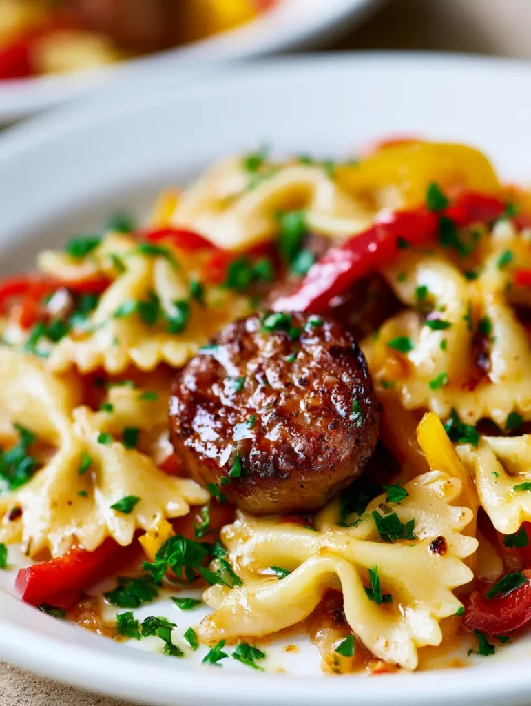 Vibrant red and yellow bell pepper strips mixed with Italian sausage and farfalle pasta.