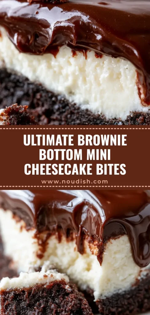 Brownie Bottom Mini Cheesecakes with Silky Chocolate Ganache 4 A vertical Pinterest pin showing a Brownie Bottom Mini Cheesecake with a glossy chocolate ganache drip and scattered crumbs.