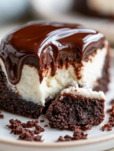 Extreme macro close-up of a brownie bottom mini cheesecake showing distinct layers of brownie, cheesecake, and glossy ganache.