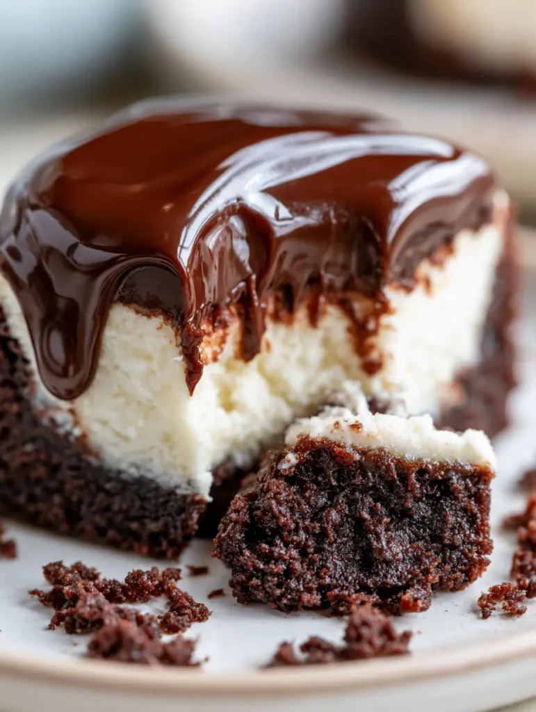 Extreme macro close-up of a brownie bottom mini cheesecake showing distinct layers of brownie, cheesecake, and glossy ganache.