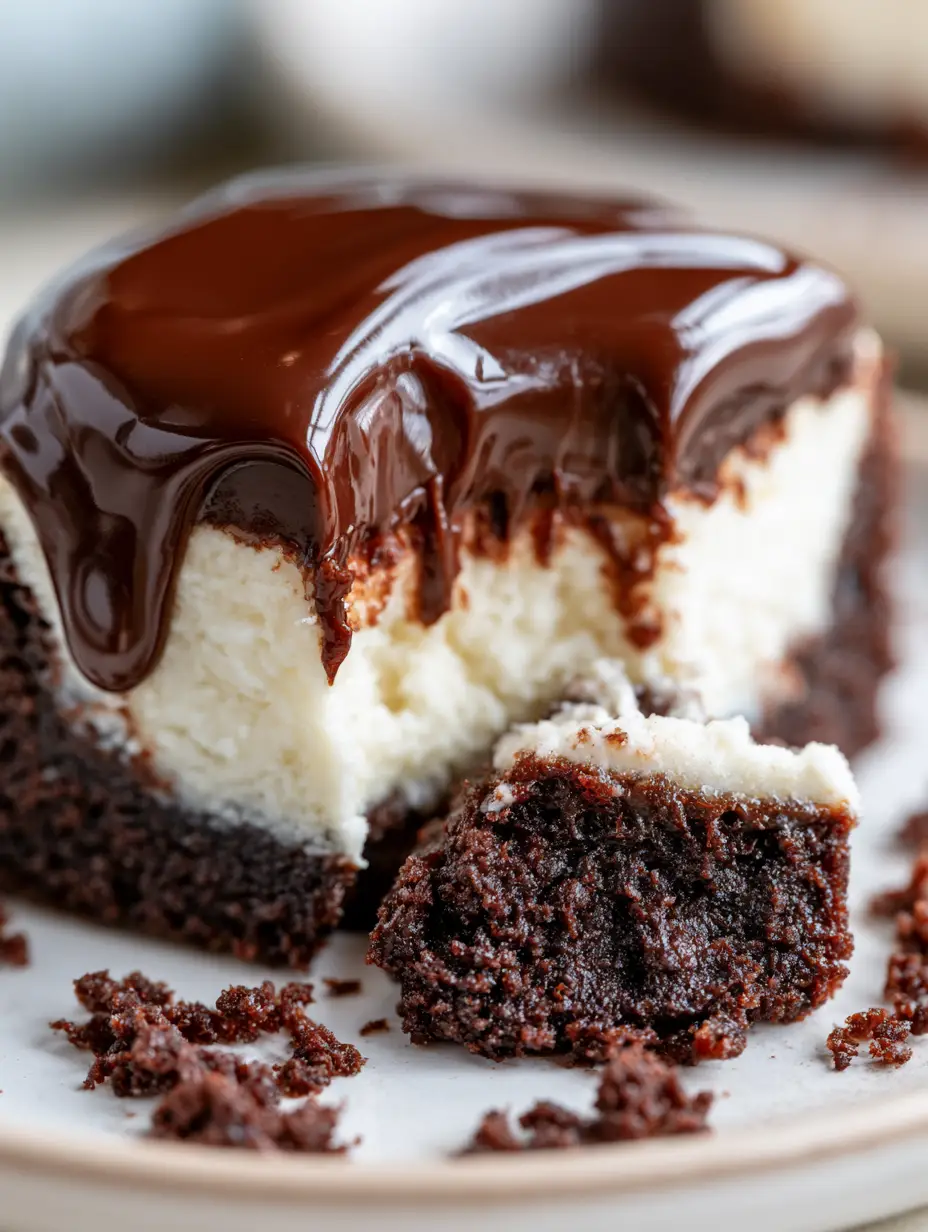 Brownie Bottom Mini Cheesecakes with Silky Chocolate Ganache 3 Extreme macro close-up of a brownie bottom mini cheesecake showing distinct layers of brownie, cheesecake, and glossy ganache.