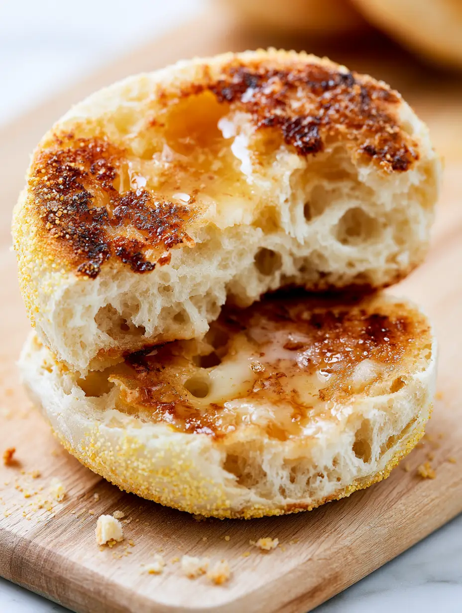 Extreme macro close-up of a toasted homemade English muffin split open with melted butter soaking into the crumb. (Homemade English Muffin Recipe)