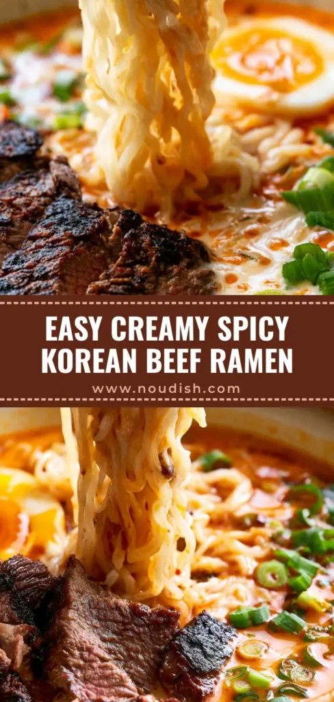 A tall vertical shot of Spicy Korean Ramen with glossy orange chili oil and a jammy egg, perfect for Pinterest saves.
