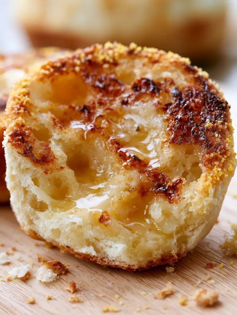 Asymmetrical fork-split English muffin with a light dusting of yellow cornmeal and glossy butter sheen.