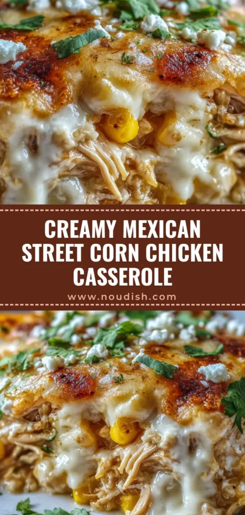 A top-down view of a golden Street Corn Chicken Casserole with bubbling cheese, sprinkled with cotija and cilantro.