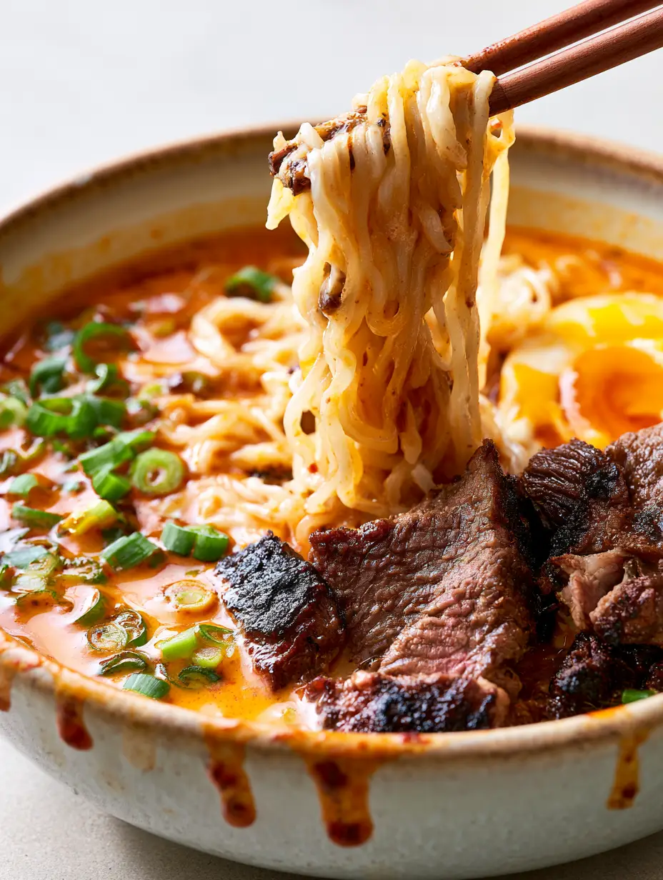 Extreme macro close-up of Spicy Korean Ramen showing the glossy orange chili oil sheen and springy translucent noodles.