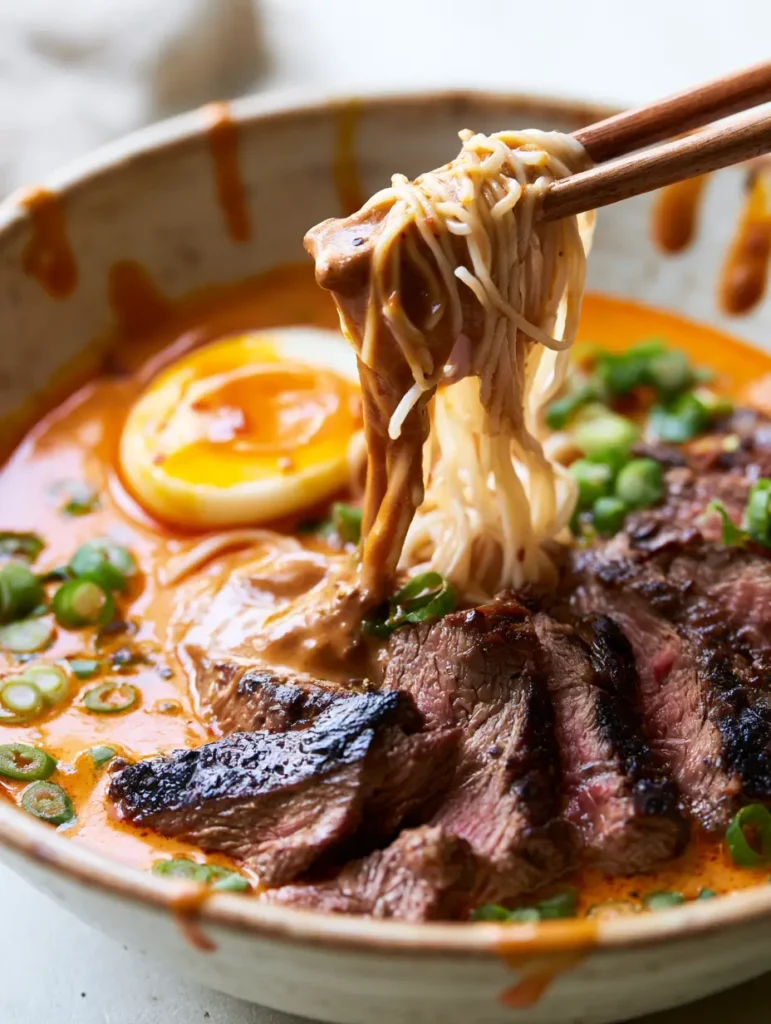 Close-up of seared charred steak strips and a jammy soft boiled egg on top of Spicy Korean Ramen.