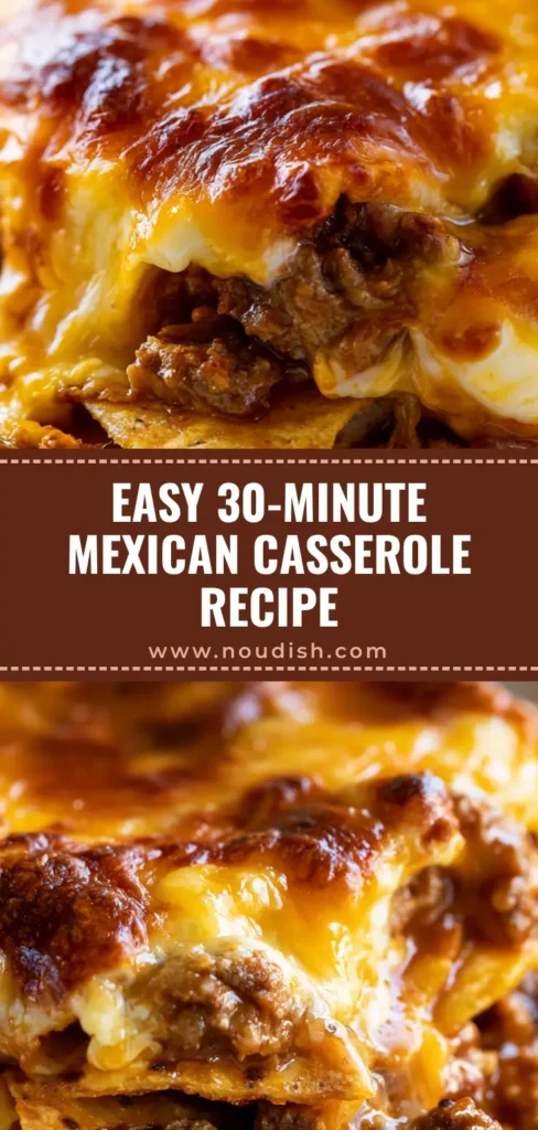 A close-up vertical shot of Mexican White Trash Casserole with bubbling cheddar cheese and crunchy chips, perfect for Pinterest.
