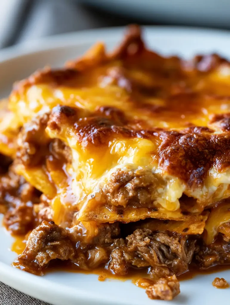 Extreme macro close up of Mexican White Trash Casserole showing glossy melted fat and blistered cheddar cheese over seasoned beef.