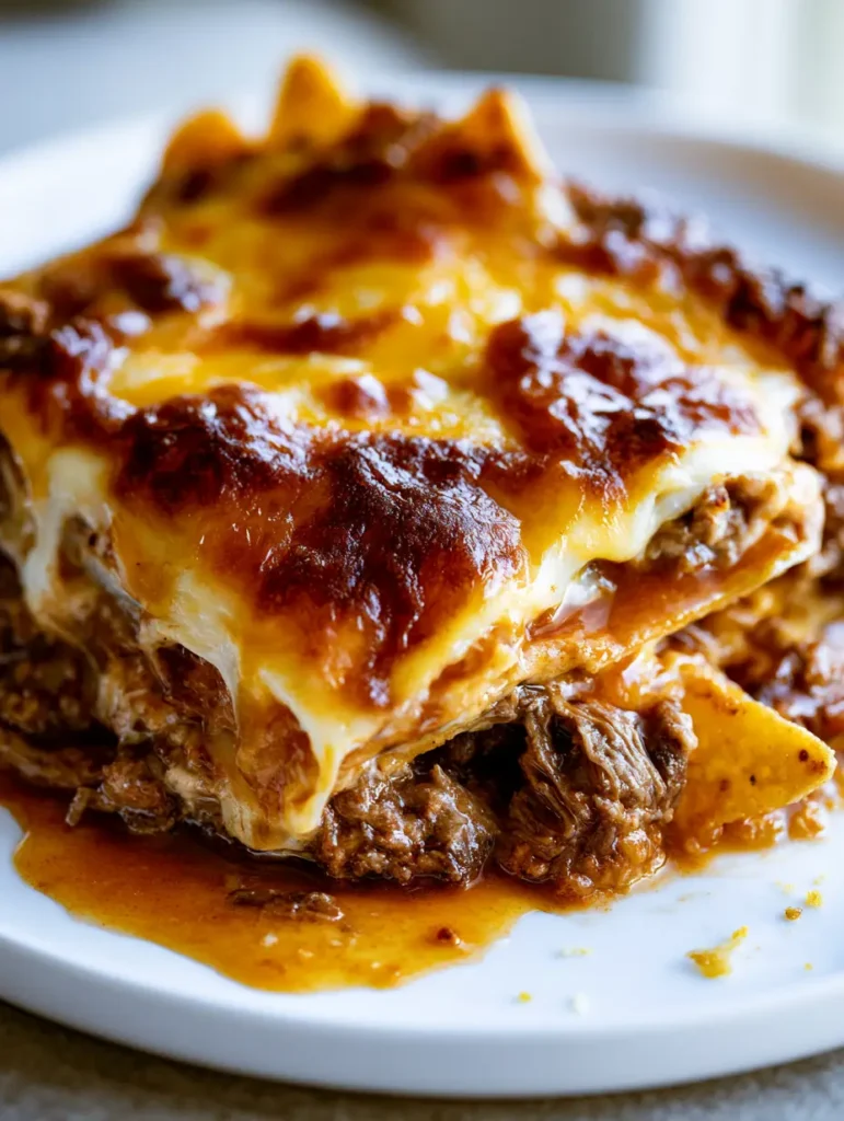 Macro view of a scooped portion of Mexican White Trash Casserole on a white plate with porous chip edges and irregular sauce drips.