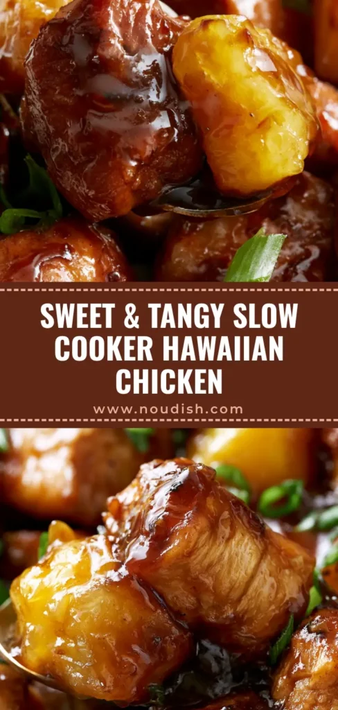 A close-up of Slow Cooker Hawaiian Chicken with a glossy sticky sheen, pineapple chunks, and green onions on a spoon.