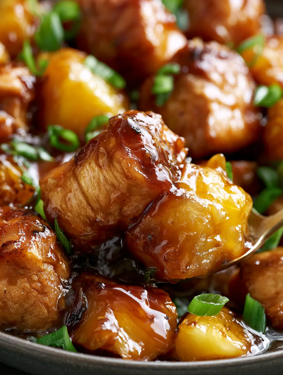 Extreme macro photography of Slow Cooker Hawaiian Chicken showing the material realism of the tender chicken and juicy pineapple.