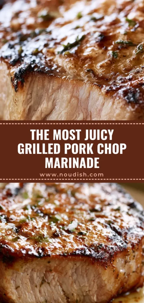 A thick, juicy grilled pork chop with charred blistered grill marks and a glistening oily sheen from the best Grilled Pork Chop Marinade.