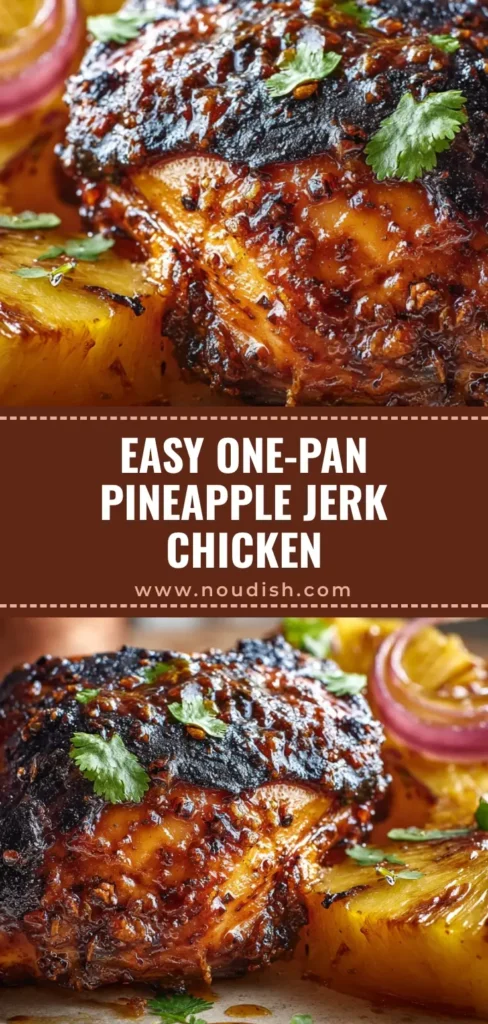 A close-up of Pineapple Jerk Chicken with charred skin, caramelized pineapple wedges, and red onions on a rustic plate.