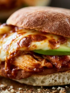 Close up of fibrous shredded chicken coated in glossy smoky red sauce inside a toasted torta roll.