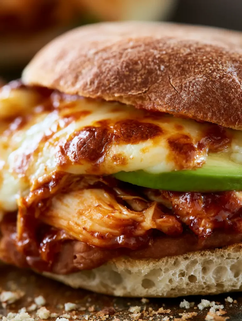 Chipotle Chicken Torta: The Ultimate Smoky and Messy Mexican Sandwich 2 Close up of fibrous shredded chicken coated in glossy smoky red sauce inside a toasted torta roll.