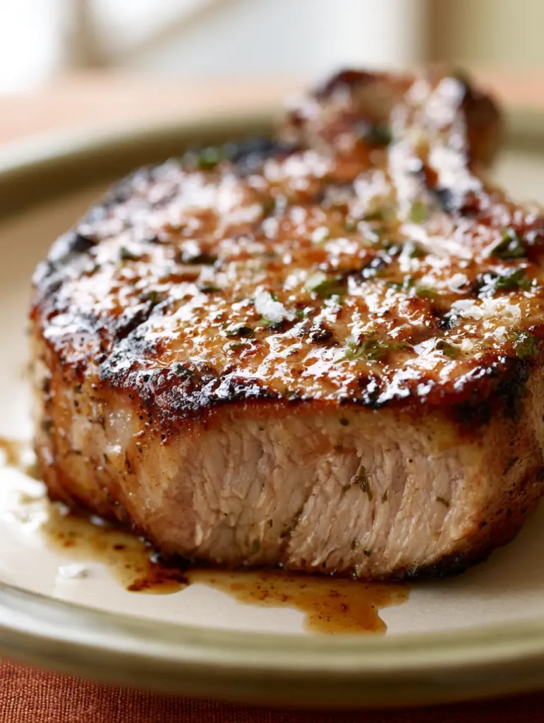 A cross-section cut of a grilled pork chop with coarse salt crystals and an organic drip of savory juice.