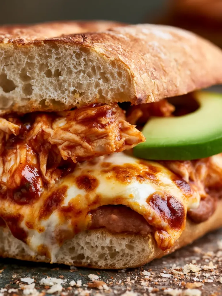 Chipotle Chicken Torta: The Ultimate Smoky and Messy Mexican Sandwich 1 A cross section view of a Chipotle Chicken Torta showing layers of refried beans, chicken, and bubbly cheese.