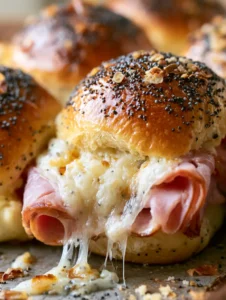 Top view of Hawaiian Ham and Cheese Sliders showing the golden brown blistered crust and poppy seed speckles.