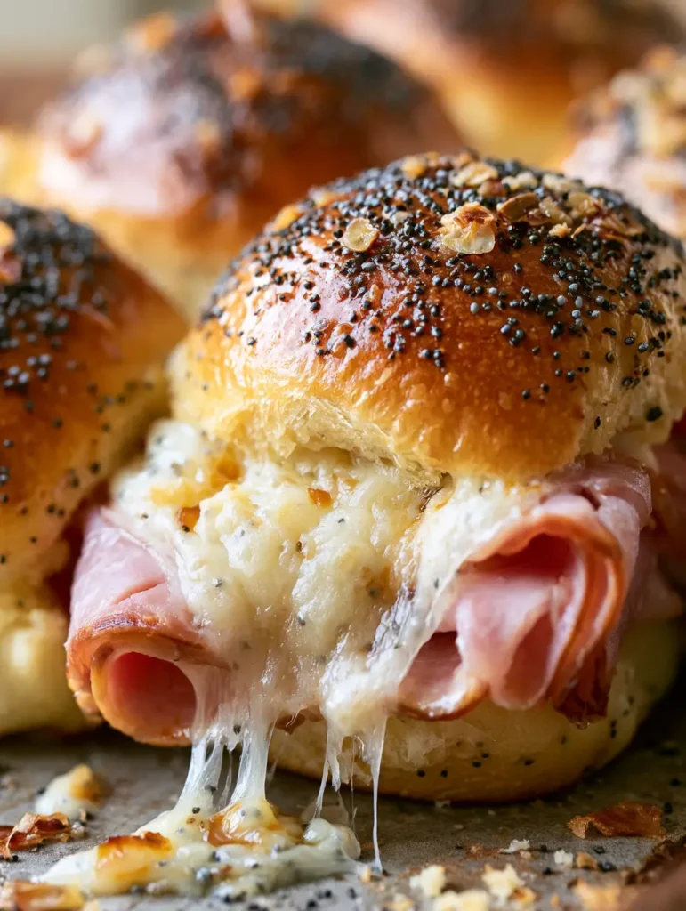 Top view of Hawaiian Ham and Cheese Sliders showing the golden brown blistered crust and poppy seed speckles.