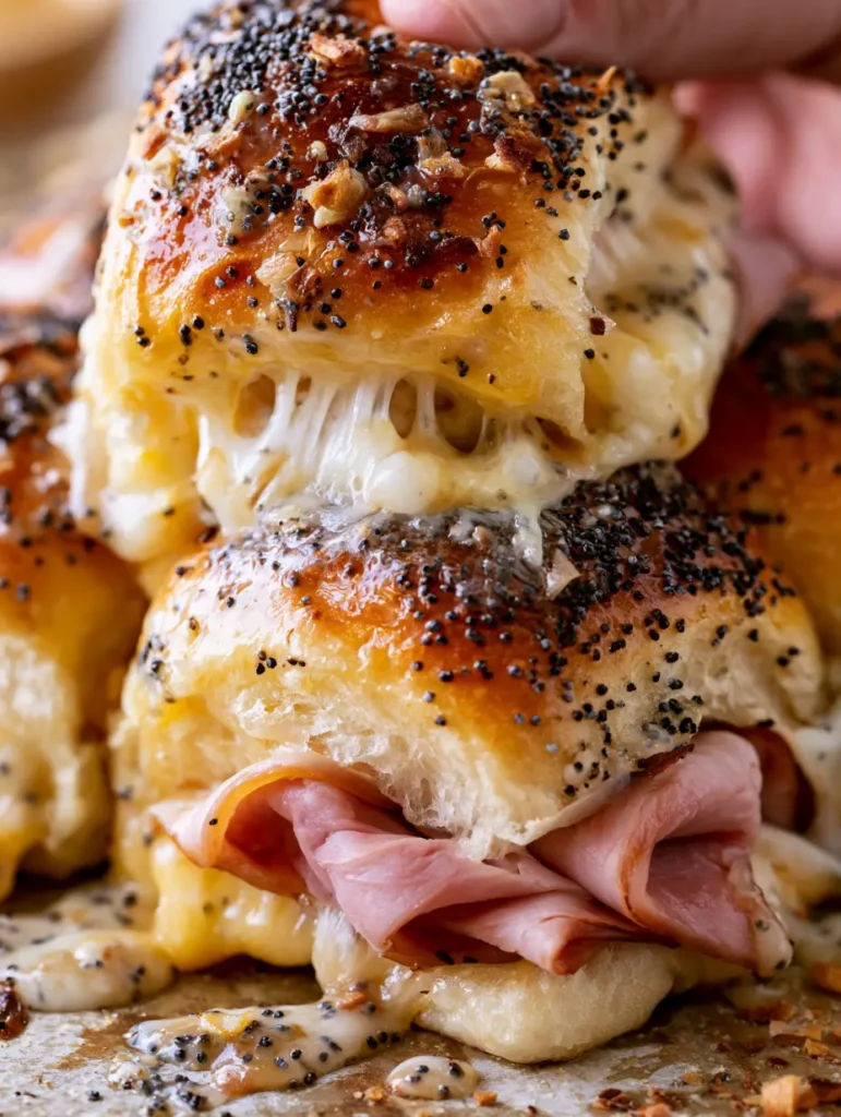 Hawaiian Ham and Cheese Sliders with an Epic Swiss Cheese Pull 1 Macro shot of the side of Hawaiian Ham and Cheese Sliders with sauce drips and folded ham layers.