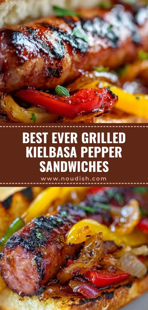 A massive Grilled Kielbasa Sandwich on a toasted bun with blistered peppers and overflowing caramelized onions.