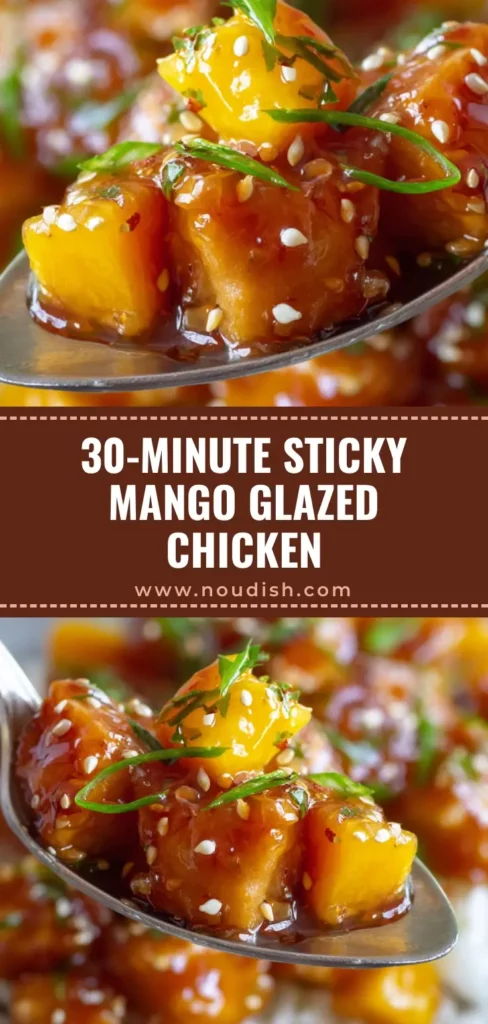 A close-up vertical shot of Mango Glazed Chicken on a spoon with sesame seeds and green onions, perfect for Pinterest.