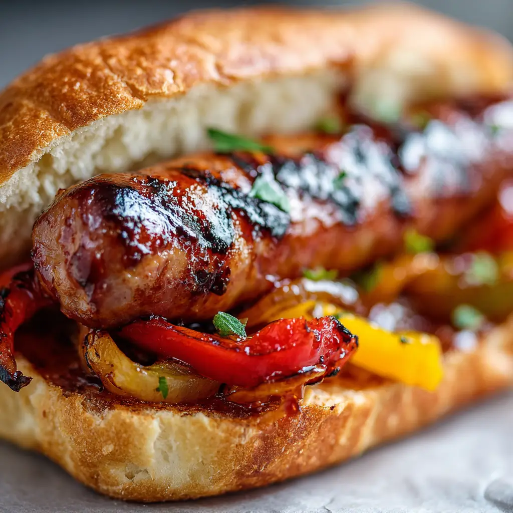 Close-up of blistered bell peppers and translucent caramelized onions overflowing from a Grilled Kielbasa Sandwich.