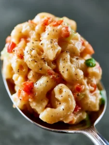 Extreme macro photography of Dolly Parton Macaroni Salad showing the glossy, thick dressing and finely diced celery.