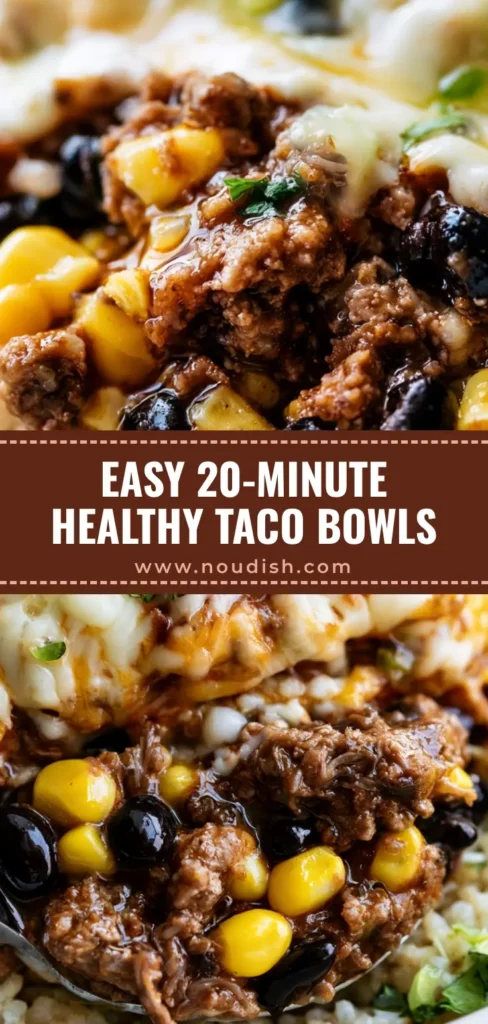 Healthy Taco Bowl Recipe: The Ultimate Glossy Beef and Melted Cheese Feast 4 A top-down macro view of a Healthy Taco Bowl Recipe featuring glossy beef, bubbling melted cheese drips, and vibrant yellow corn on a ceramic plate.