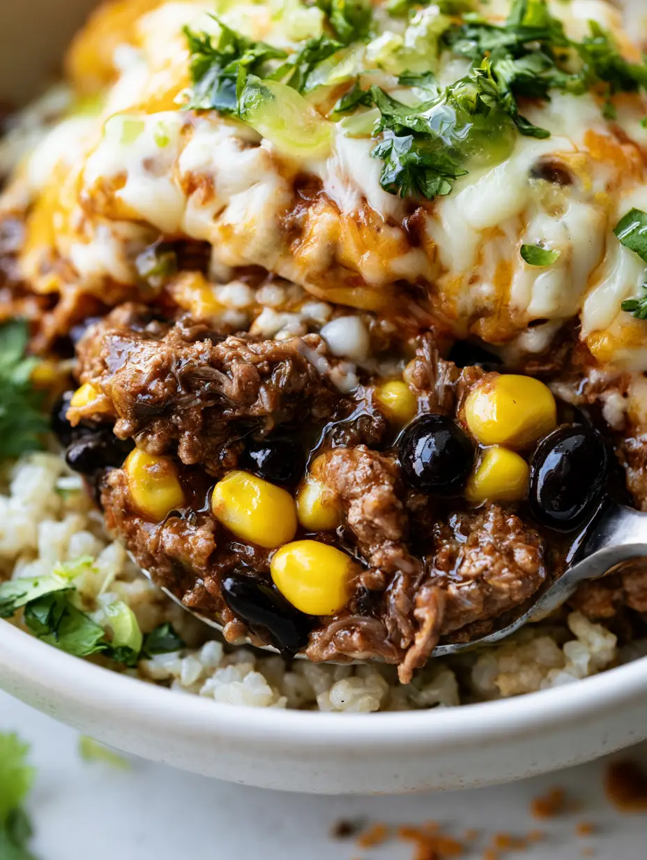 Healthy Taco Bowl Recipe: The Ultimate Glossy Beef and Melted Cheese Feast 3 Extreme macro photography of seasoned ground beef with a glossy oily sheen and vibrant yellow corn. (Healthy Taco Bowl Recipe)