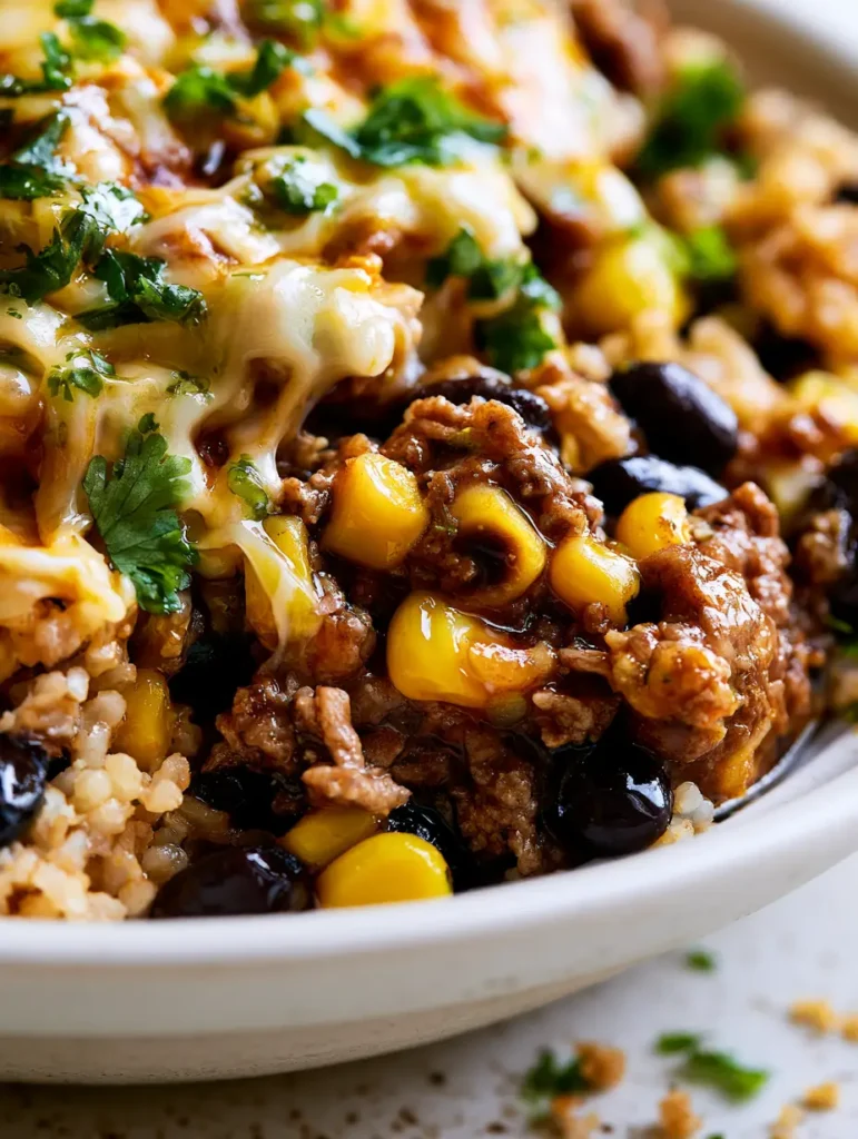 Healthy Taco Bowl Recipe: The Ultimate Glossy Beef and Melted Cheese Feast 1 Close-up of bubbling melted cheese with irregular drips over black beans and cilantro. (Healthy Taco Bowl Recipe)