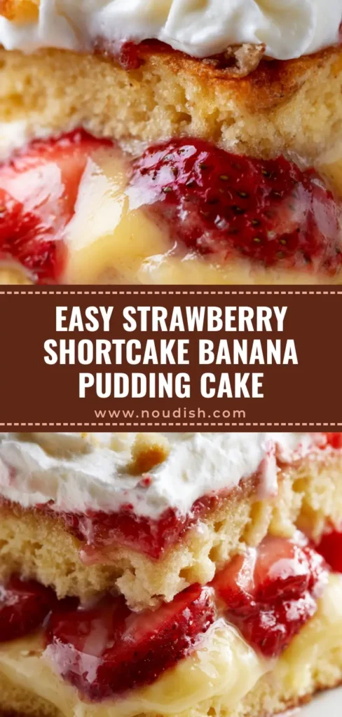 Strawberry Banana Pudding Cake: The Ultimate Layered Summer Dessert 4 A large messy scoop of Strawberry Banana Pudding Cake showing distinct layers of golden cake, glossy yellow pudding, and sliced strawberries on a white plate.