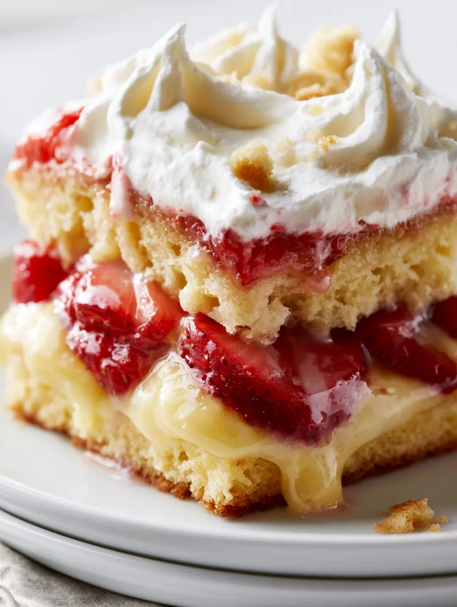 Strawberry Banana Pudding Cake: The Ultimate Layered Summer Dessert 3 Extreme macro close-up of Strawberry Banana Pudding Cake highlighting the porous moist cake and glossy yellow pudding texture.