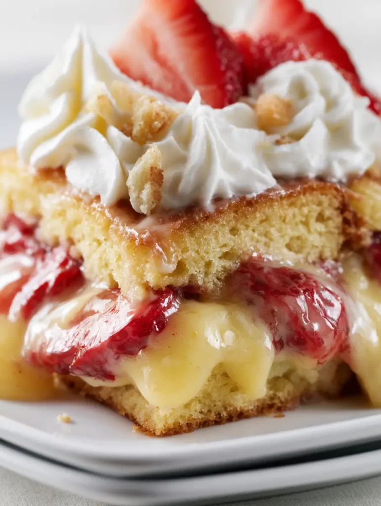 Strawberry Banana Pudding Cake: The Ultimate Layered Summer Dessert 1 Close-up cross-section of Strawberry Banana Pudding Cake with translucent red strawberries and fluffy white whipped topping peaks.