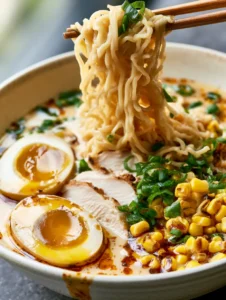 Close-up of Creamy Garlic Chicken Ramen featuring fibrous chicken and a glossy garlic broth with small fat droplets.